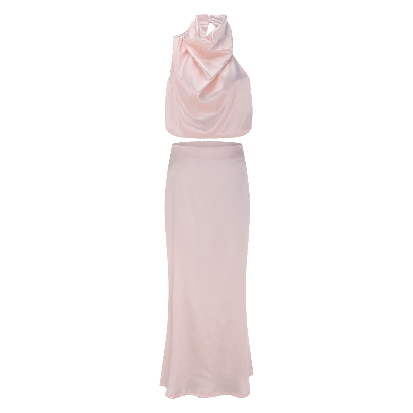 thumbnail image 4 of Conjunto de vestido largo de dos piezas de satén para mujer - Top sin mangas con cuello alto y falda con abertura lateral, ropa formal y casual para fiestas, 4 of 8